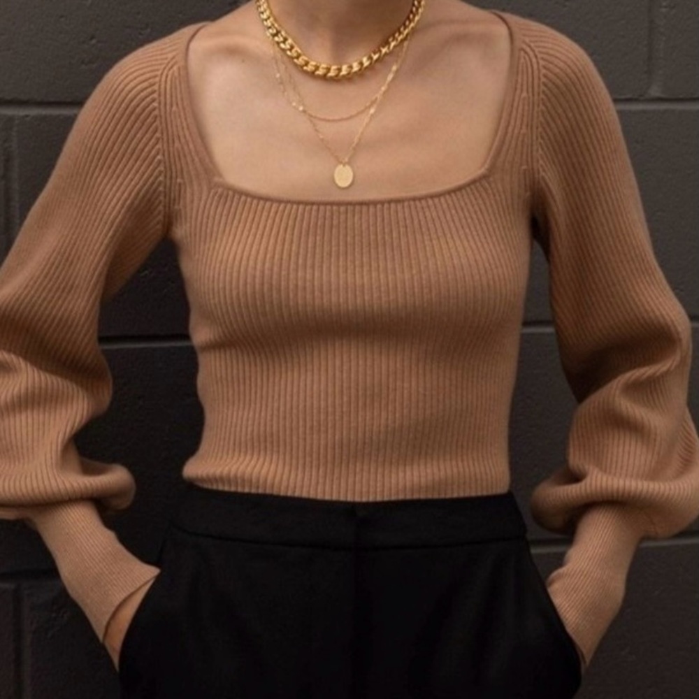 oak and fort tan ribbed long sleeve top with square neckline